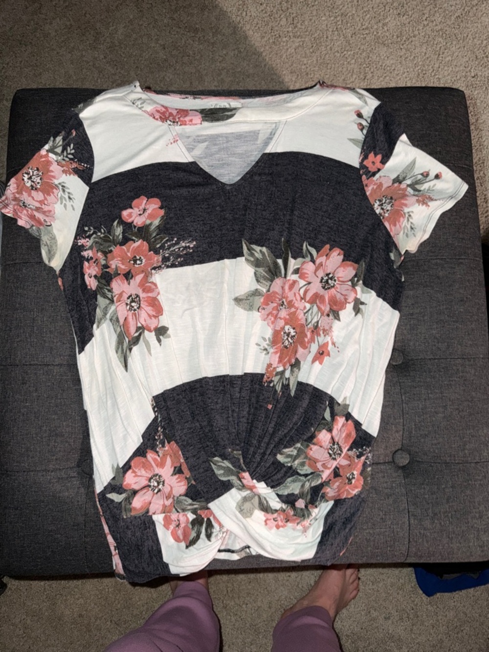 Maurices Black & White Striped Floral Knot V-Neck Top